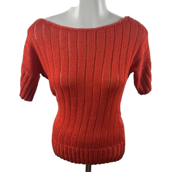 Sweater Project Ribbed Short Sleeve Knit Top Orange Scoop Neck Pulloever Small - Picture 2 of 10
